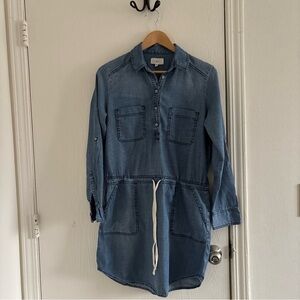 Lou & Grey Women’s XS Denim Shirt Dress Lyocell Cotton Linen Drawstring Waist